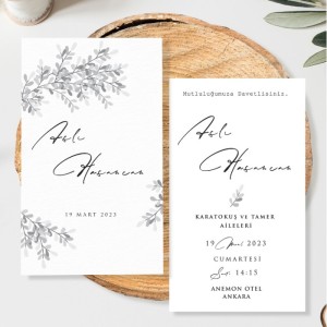 Beyaz Zemin Siyah Yaprak Tasarımlı Düğün Davetiyesi