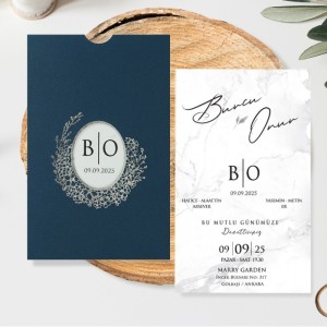 Lacivert Zarflı Gümüş Yaldız Süslemeli Davetiye Modeli