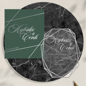 Yeşil Zarfa Gümüş Yaldız Baskılı Asetat Davetiye