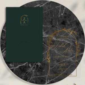 Yeşil Zarfa Yaldız Baskılı Asetat Düğün Davetiyesi