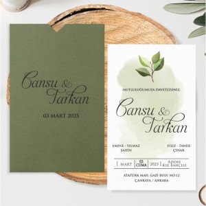 Yeşil Zarfa İsim Baskılı Yapraklı Düğün Davetiyesi