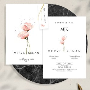 Sade Çiçekli İpli Etiketli İkili Düğün Davetiyesi