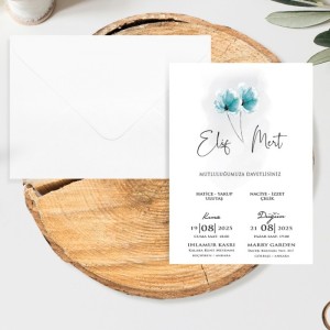 Mavi Çiçekli Sade Beyaz Zarflı Düğün Davetiyesi