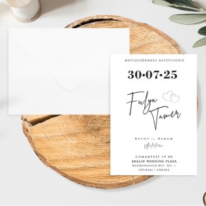 Çift Kalpli Tarihli Beyaz Zarflı Düğün Davetiyesi