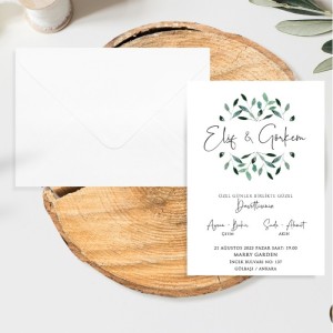 Sade Yaprak Tasarımlı Beyaz Zarflı Davetiye