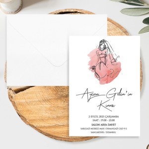 Gelin Figürlü Beyaz Zarflı Düğün Davetiyesi