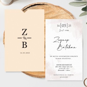 Pembe V Kesim Zarflı Sade Düğün Davetiyesi