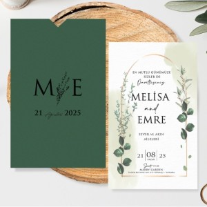 Üstten Kesik Zarflı İçi Yapraklı Yeşil Davetiye
