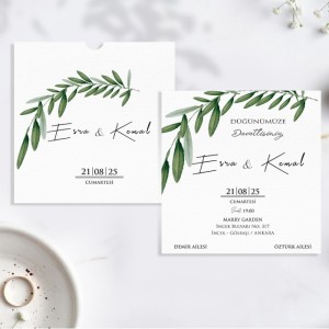 Zarfı İçi Yaprak Tasarımlı Kare Düğün Davetiyesi