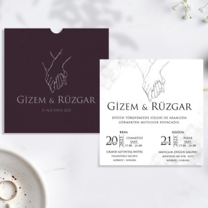 Siyah Kare Zarflı El Ele Tasarımlı Düğün Davetiyesi