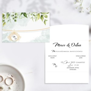 Pencereli Katlamalı Yaprak Desenli Düğün Davetiyesi