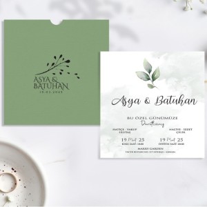 Kare Zarflı Yeşil Sade Düğün Davetiyesi