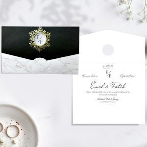 Siyah Gri Mermer Desenli Katlamalı Davetiye Tasarımı