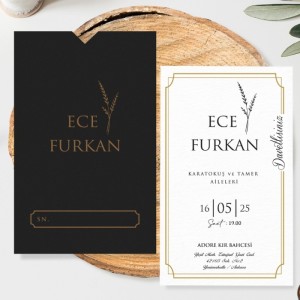 Zarfa Baskılı Siyah Dikdörtgen Düğün Davetiyesi