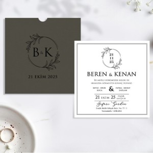 Kare Zarflı Baş Harf Baskılı Düğün Davetiyesi