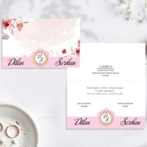 Pembe Çiçekli Katlamalı Düğün Davetiye Tasarımı