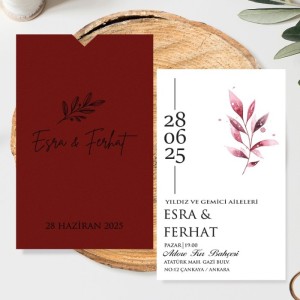 Bordo Zarfa Baskılı Sade Düğün Davetiyesi