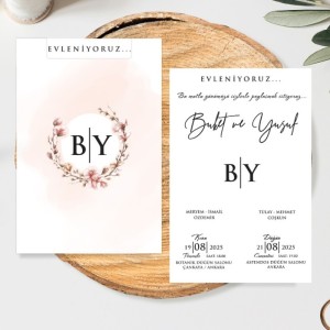 Zarfı Çelenkli Baş Harf Baskılı Düğün Davetiyesi