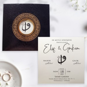 Siyah Zarfa Altın Yaldız Süslemeli Pencereli Davetiye