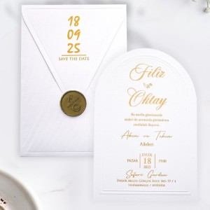 İçi Oval Kesimli Mühürlü Beyaz Düğün Davetiyesi