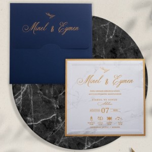 Lacivert Kare Zarflı Altın Yaldız Çerçeveli Davetiye