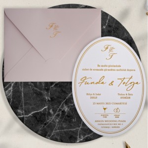 Bej Rengi Dikdörgen Zarflı İçi Oval Düğün Davetiyesi