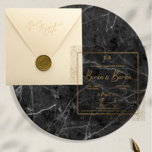 Krem Kare Zarfı İçi Yaldızlı Asetat Düğün Davetiyesi