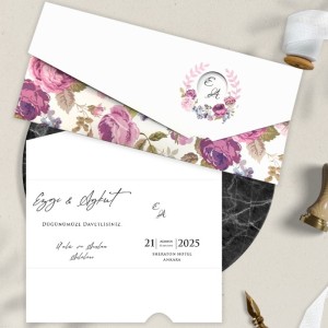 Çiçek Desenli Beyaz Pencereli Katlamalı Düğün Davetiyesi