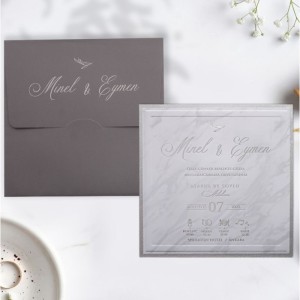 Gri Kare Zarflı İçi Mermer Desenli Düğün Davetiyesi