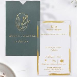 Yeşil Zarfa Altın Yaldız Baskılı Asetat Düğün Davetiyesi
