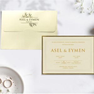Krem Dikdörtgen Zarflı Sade Düğün Davetiyesi