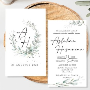 Zarfı İçi Yaprak Desenli Sade Düğün Davetiyesi