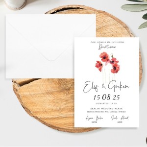 Kırmızı Çiçekli Beyaz Zarflı Sade Düğün Davetiyesi