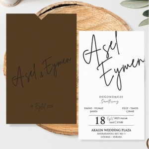 Üsttek Kesik Zarflı Kahverengi Düğün Davetiyesi