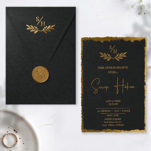 Mühürlü Siyah Zarfa Altın Yaldız Süslemeli Mühürlü Davetiye