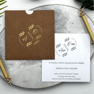 Kahverengi Kare Zarfa Yaldız Süslemeli Düğün Davetiyesi