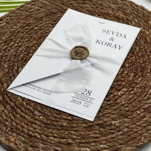 Kumaş Bağlamalı Mühürlü Katlamalı Düğün Davetiyesi