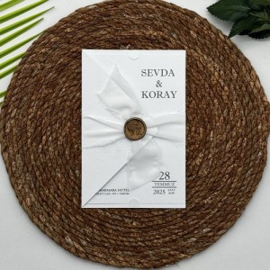 Kumaş Bağlamalı Mühürlü Katlamalı Düğün Davetiyesi