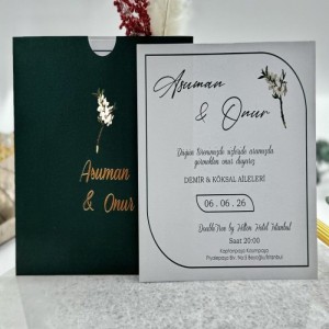 Koyu Yeşil Kare Zarfa Yaldız Baskılı Düğün Davetiyesi