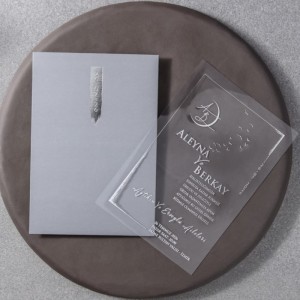 Gri Zarfa Gümüş Yaldız Baskılı Asetat Şeffa Davetiye