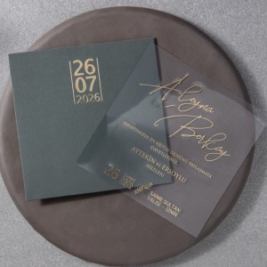 Yeşil Kare Zarfa Yaldız Baskılı Şeffaf Asetat Davetiye Modeli