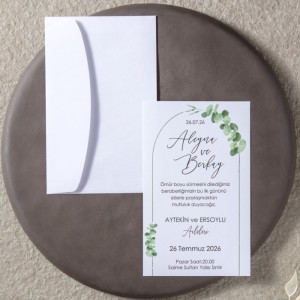 Beyaz Zarflı Okaliptus Yaprak Tasarımlı Davetiye