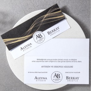 Sarı Simli Çizgisel Tasarımlı Katlamalı Davetiye Modeli