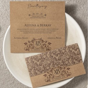 Kraft Kağıda Dışı Çiçek Desen Basskılı Katlamalı Davetiye