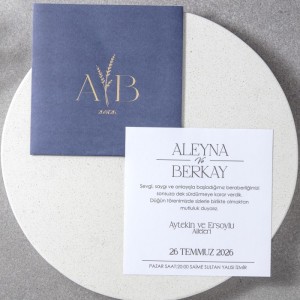 Lacivert Kare Zarfa Yaldız Baskılı İçi Sade Düğün Davetiyesi