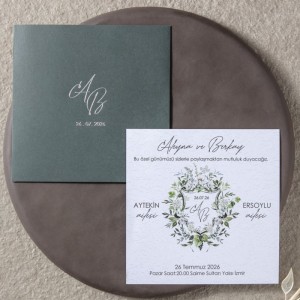 Koyu Yeşil Zarfa Gümüş Yaldız Baskılı Düğün Davetiyesi