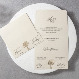 Zarfsız Üstten Katlamalı Geçmeli Bej Rengi Davetiye