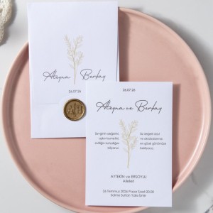 Üstten Katlamalı Zarflı Mühürlü Sade Düğün Davetiyesi