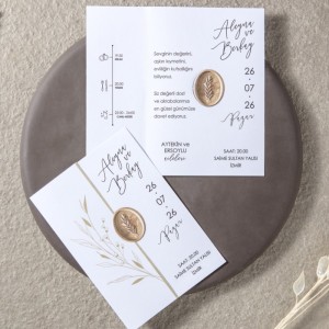 Sarı Yaprak Tasarımlı Mühür Görünümlü Geçmeli Davetiye