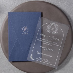 İçi Şeffaf PVC Mavi Zarfa Yaldız Baskılı Davetiye Tasarımı